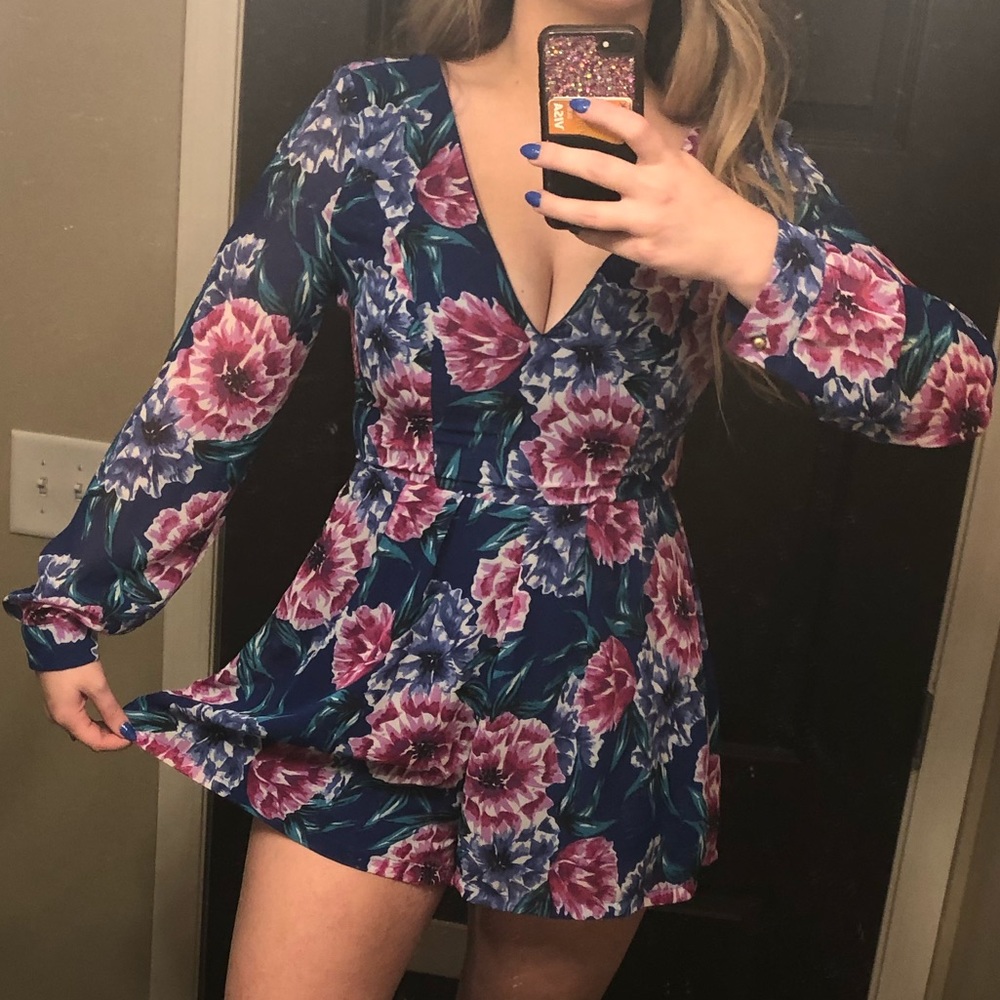 Floral cobalt blue romper with long sleeves